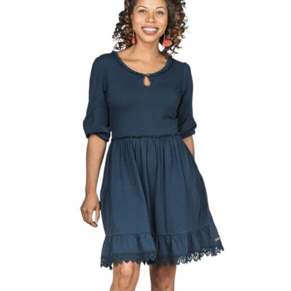 Matilda Jane Make Believe Hold The Key Teal Blue Crochet Trim Mini Dress Size M - Picture 1 of 8